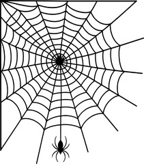 Obraz premium A detailed spider web stretches across the corner, each strand meticulously woven in a radial pattern. A solitary spider dangles from the center on a