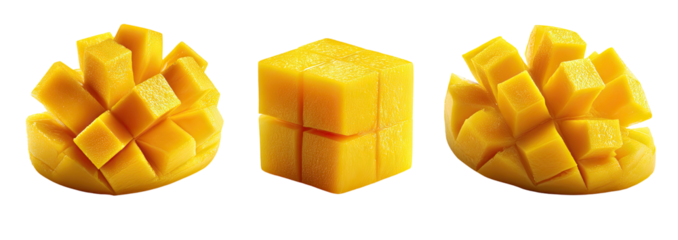 Three slices of diced mango, vibrant yellow cubes against a black background.  A perfect display of a tropical fruit