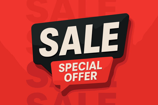 A bold 'SALE' banner with large white text on a contrasting black speech bubble, accented by a smaller red speech bubble stating 'SPECIAL OFFER'. The