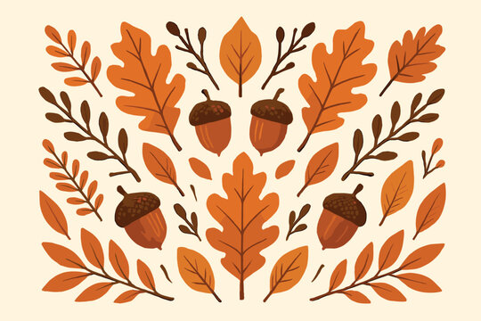 A series of stylized autumn elements including acorns, branches, and leaves form a symmetrical pattern. Each element is carefully placed to create a