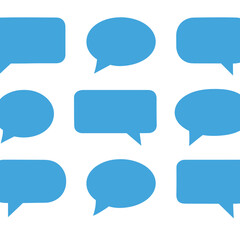 A collection of blue speech bubbles in different shapes, including rectangles, ovals, and circles, with pointed tails indicating direction. Arranged