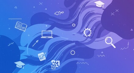 A dynamic blue and purple background with white icons representing education and technology