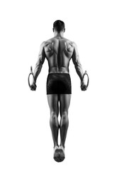 Fototapeta premium Photorealistic male gymnast, late 20s, extreme muscular back, shirtless, black shorts, perfect static pose implying invisible rings, isolated on transparent, high-contrast B&W, peak human strength