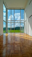 Fototapeta premium Expansive Room With Large Windows Overlooking Green Fields and Blue Sky