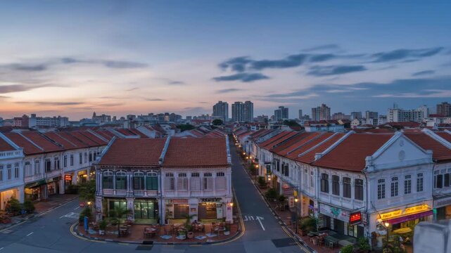 Sunset Panorama of Joo Chiat's Heritage Shophouses in Singapore: A Picturesque Evening View