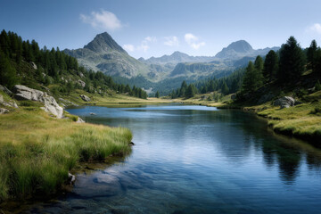 breathtaking summer landscape of lake against majestic mountains reflecting soft clouds above