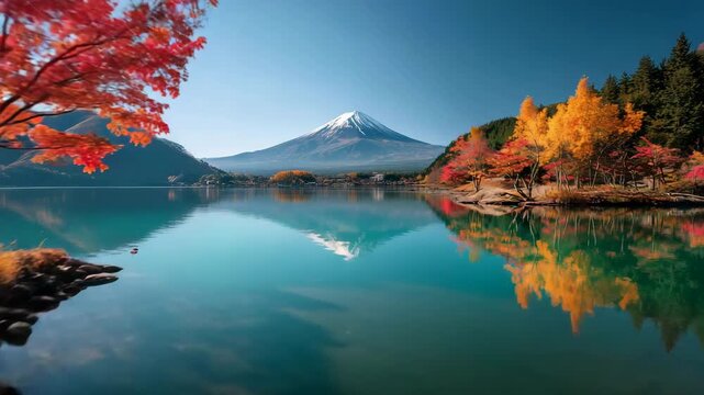 Beautiful landscape of mount fuji with autumn trees and reflection in lake clear blue sky scenic nature view in japan travel destination iconic mountain and seasonal beauty of fall foliage