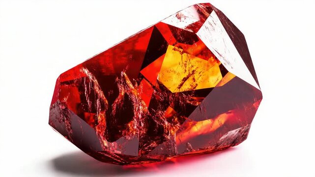 Rare red gemstone with multiple facets cut in triangular shapes.