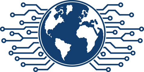 Global Technology and Connectivity Concept. Vector icon of planet earth with a circuit board network representing the internet, globalization, and digital communication.