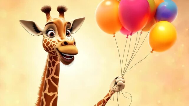 Cute cartoon giraffe holding colorful balloons joyful character illustration children party fun animal mascot playful design cheerful mood birthday celebration concept