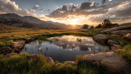 Fototapeta premium Sunset reflection in mountain pool, hikers distant, peaceful landscape, nature photography