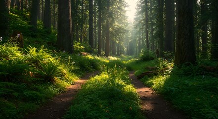 Obraz premium A sunlit forest path with tall trees and lush green ferns creating a serene and vibrant landscape view