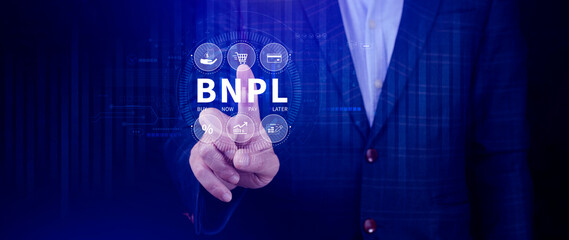 BNPL, Buy Now Pay Later concept. using with icons of BNPL with online shopping icons technology. BNPL buy now pay later online shopping concept.