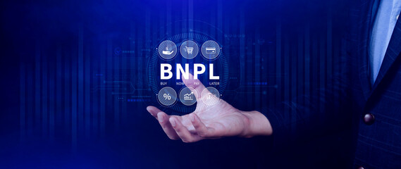 BNPL, Buy Now Pay Later concept. using with icons of BNPL with online shopping icons technology. BNPL buy now pay later online shopping concept.