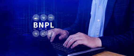 BNPL, Buy Now Pay Later concept. using with icons of BNPL with online shopping icons technology. BNPL buy now pay later online shopping concept.