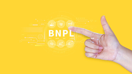 BNPL, Buy Now Pay Later concept. using with icons of BNPL with online shopping icons technology. BNPL buy now pay later online shopping concept.