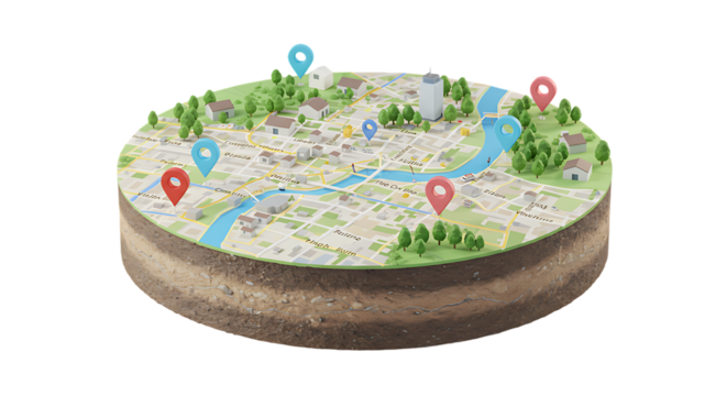 Navigation Map with River and Buildings Isolated Transparent Background