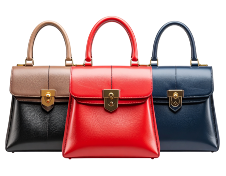 Elegant women purse collection, photorealistic isolated PNG, red and white leather