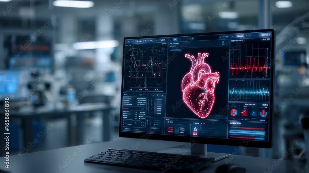 Poster medium shot of a hightech workstation featuring a digital twin heart model on monitor vibrant data g