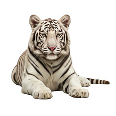 A white tiger with black stripes is lying down looking forward on a  in a studio shot on transparent background