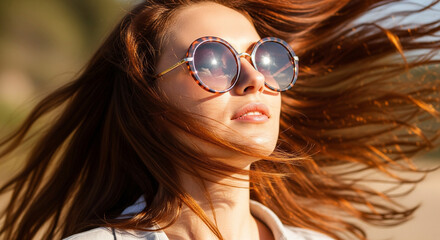 A beautiful woman with long, flowing hair is seen outdoors on a sunny day. Her hair is blowing in the wind, creating a dynamic sense of motion and freedom