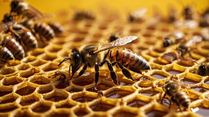 Honey bees working on honeycomb in beehive producing honey
