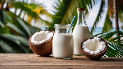 Coconut milk and fresh coconuts resting on wooden table in tropical setting