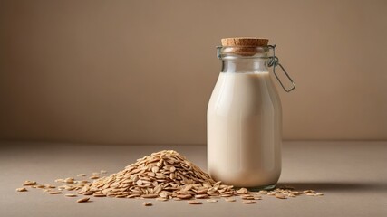Glass bottle of vegan oat milk with oat flakes on neutral background