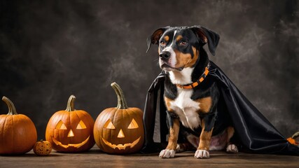 Dog wearing halloween costume sitting near jack-o'-lanterns