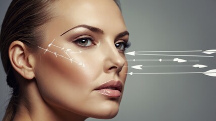 Woman receiving facial rejuvenation treatment indicated by arrows