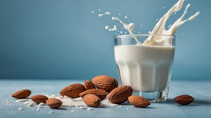 Almond milk splashing in a glass with almonds beside