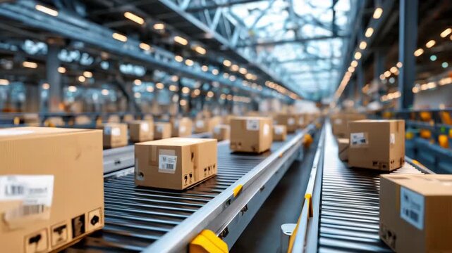 Cardboard packages moving on conveyor belt in modern automated warehouse distribution center logistics shipping system	