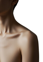 Bare right shoulder of a female subject, elegant neck curve, luminous skin, and emphasized clavicle against a seamless transparent studio backdrop with soft, diffused lighting, abstract minimalist