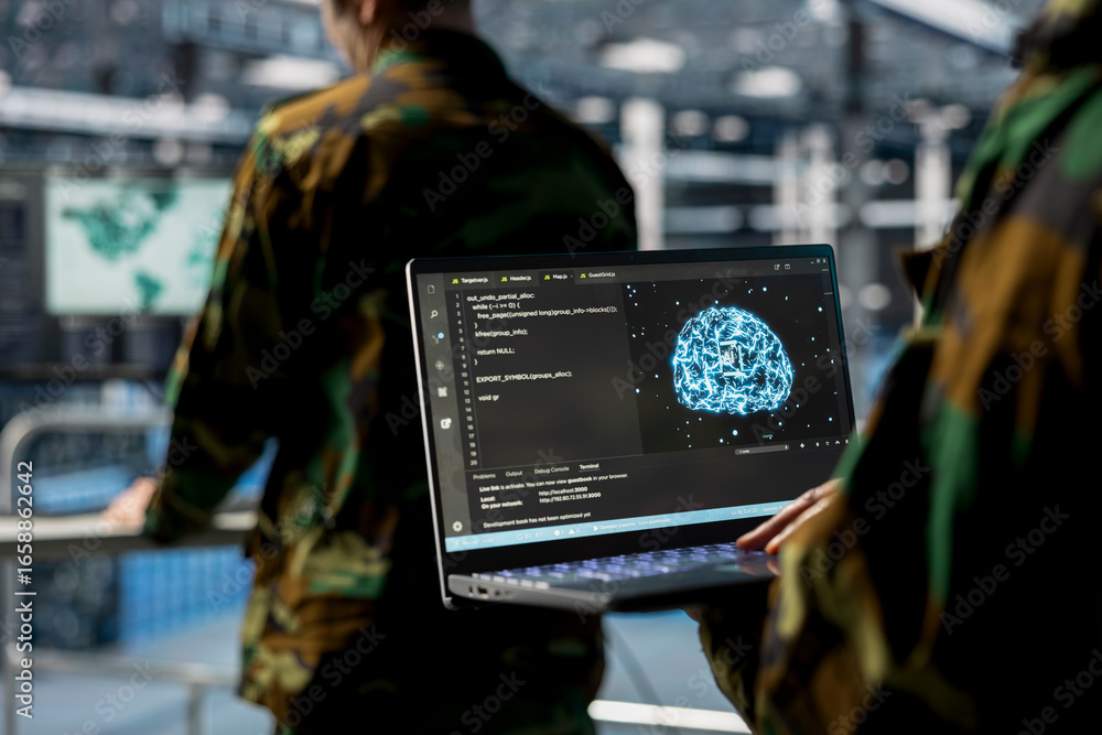 Poster close up of server hub employee in soldier uniform using laptop, running ai tools. army information 