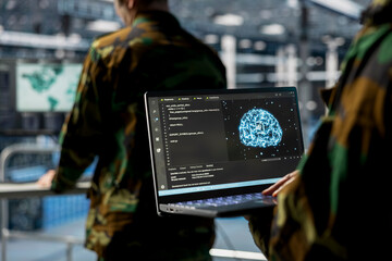 Close up of server hub employee in soldier uniform using laptop, running AI tools. Army information...