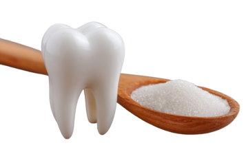 White tooth over a wooden spoon filled with granulated sugar