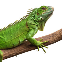Obraz premium Green iguana on branch full body isolated on a transparent background