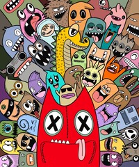 Hand-drawn illustrations, monsters doodle, Hand Drawn cartoon monster illustration,Cartoon crowd doodle hand-drawn Doodle style.