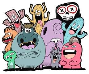 Hand-drawn illustrations, monsters doodle, Hand Drawn cartoon monster illustration,Cartoon crowd doodle hand-drawn Doodle style. © ohhh_photo