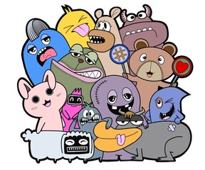 Naklejka premium Hand-drawn illustrations, monsters doodle, Hand Drawn cartoon monster illustration,Cartoon crowd doodle hand-drawn Doodle style.