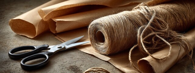 Craft supplies flat lay featuring scissors and natural fiber twine surrounded by various types of paper for creative projects
