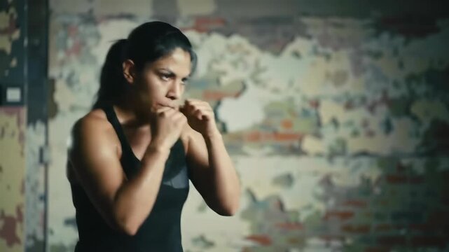 Determined Female Boxer Training in Grungy Gym