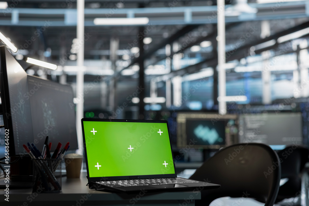 Poster green screen laptop monitoring data center gear delivering computing power for ai deep learning pipe