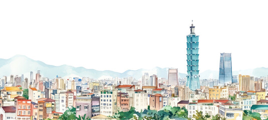 Obraz premium PNG Taipei city architecture watercolor cityscape.
