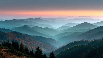 Obraz premium Majestic sunrise over misty autumn mountains, scenic vista, travel poster