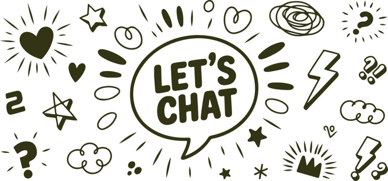 trendy doodle style illustration with speech bubble text let’s chat surrounded by fun hand drawn icons symbols and communication elements