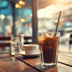  Refreshing Iced Coffee in Glass on Cafe Table Close-Up