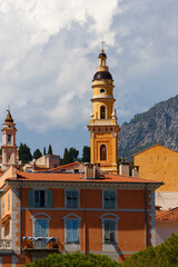 View of the emblematic churches on the top of the hill in Menton, France