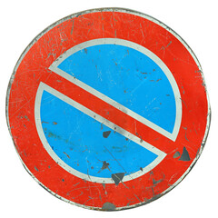 Aged round red blue traffic no parking sign or don't park warning here isolated on white background