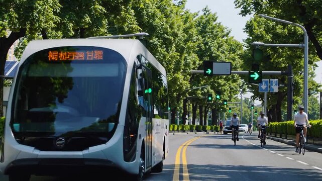 Smart transportation in a modern city with eco-friendly features and pedestrian-friendly roads